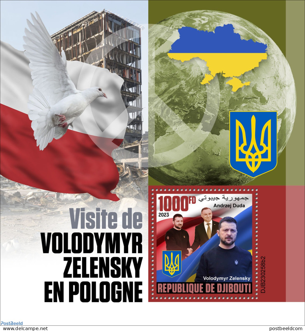 Djibouti 2023 Volodymyr Zelenskyy In Poland, Mint NH, History - Nature - Politicians - Pigeons - Dschibuti (1977-...)