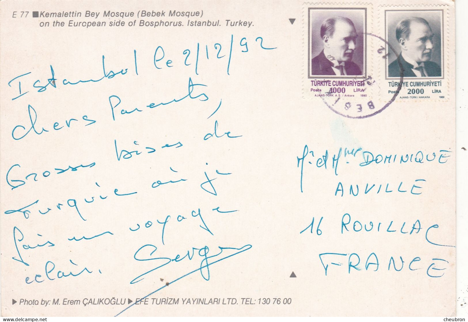 TURQUIE. ISTANBUL (ENVOYE DE) . " BABEK MOSQUE ". ANNÉE 1992+ TEXTE + TIMBRES. FORMAT 17 X 12 Cm. - Turkije