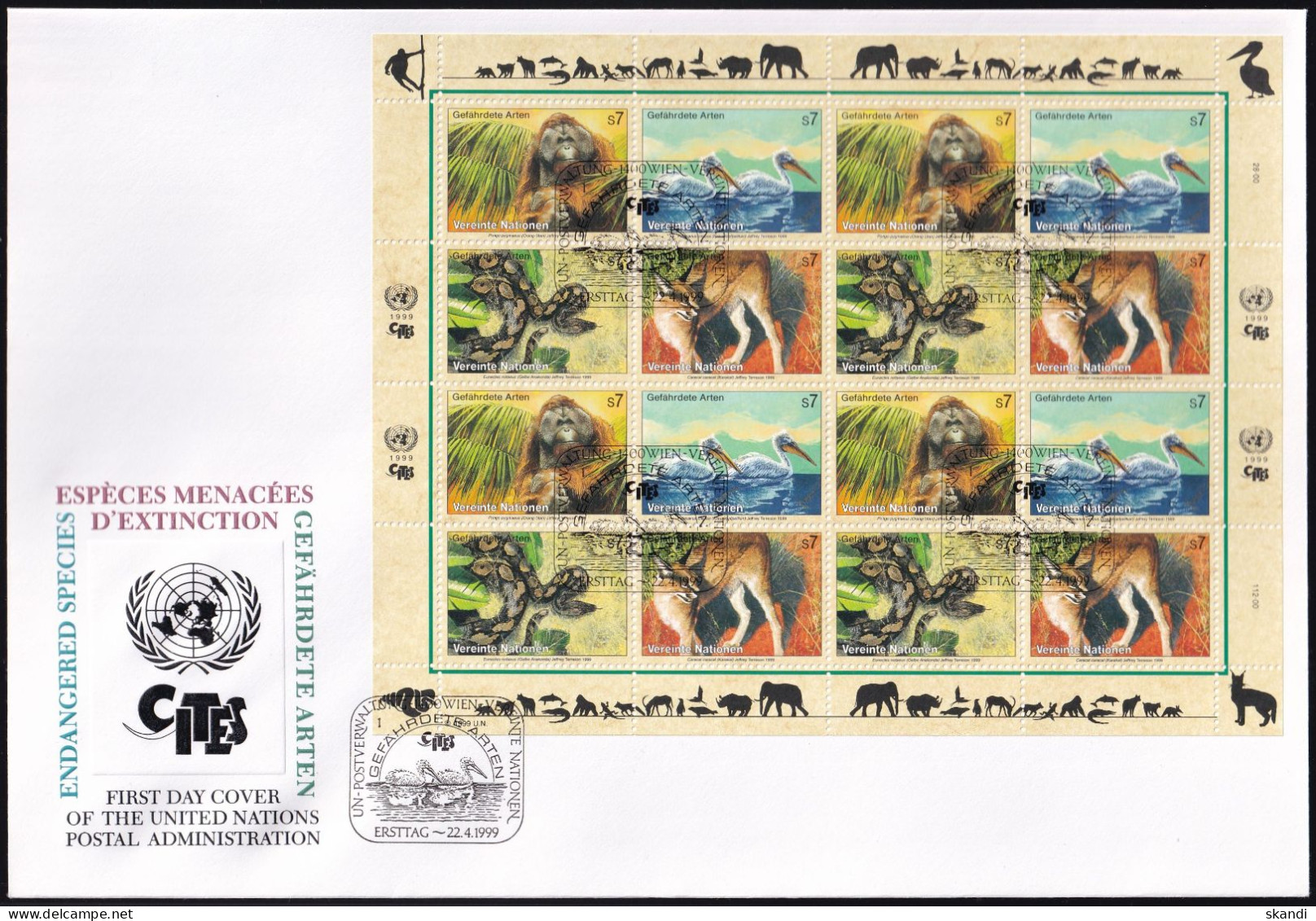 UNO WIEN 1999 Mi-Nr. 287/90 FDC Kleinbogen Gefährdete Arten - FDC