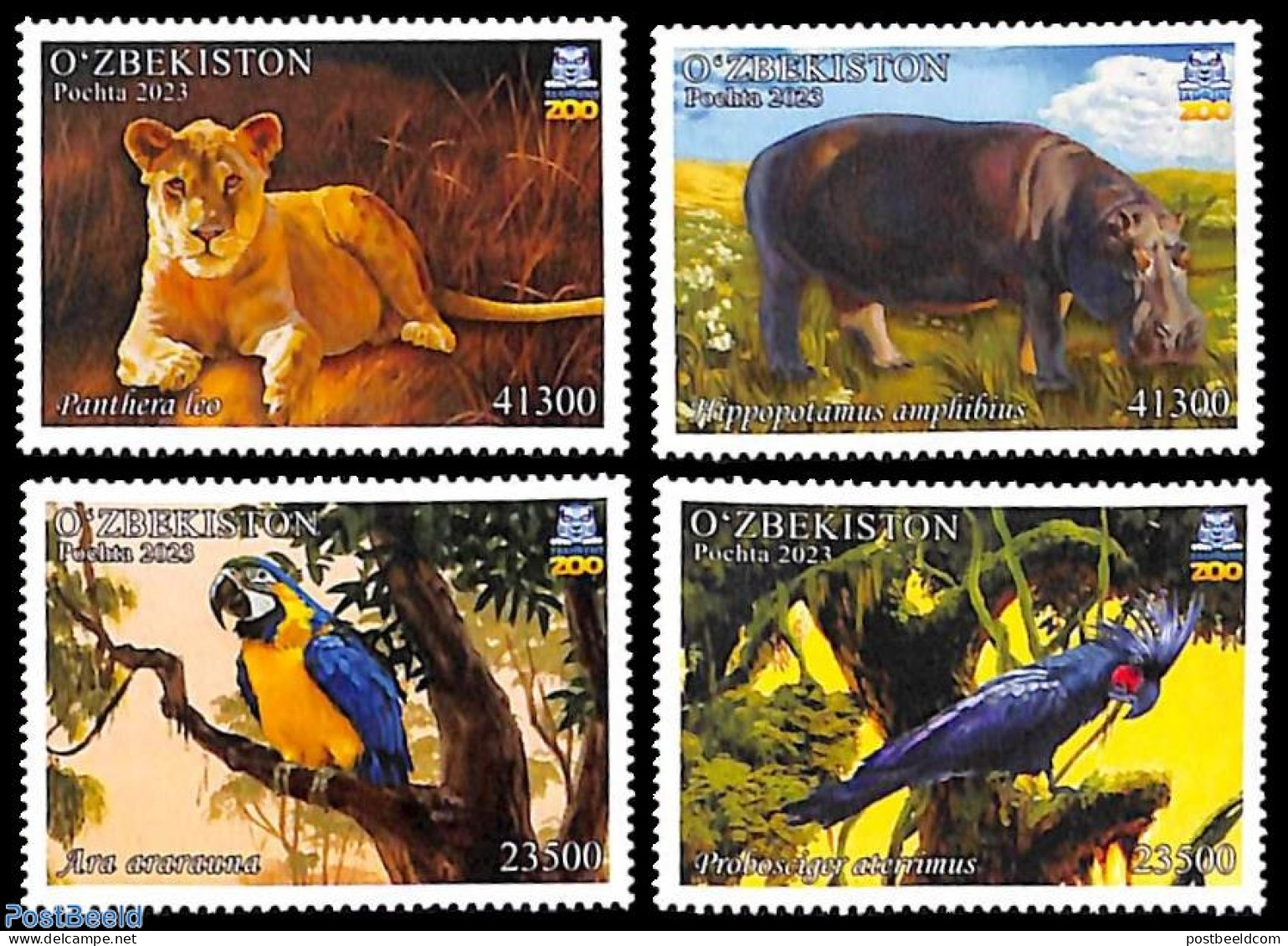 Uzbekistan 2023 Tashkent Zoo 4v, Mint NH, Nature - Animals (others & Mixed) - Birds - Cat Family - Hippopotamus - Parr.. - Uzbekistan