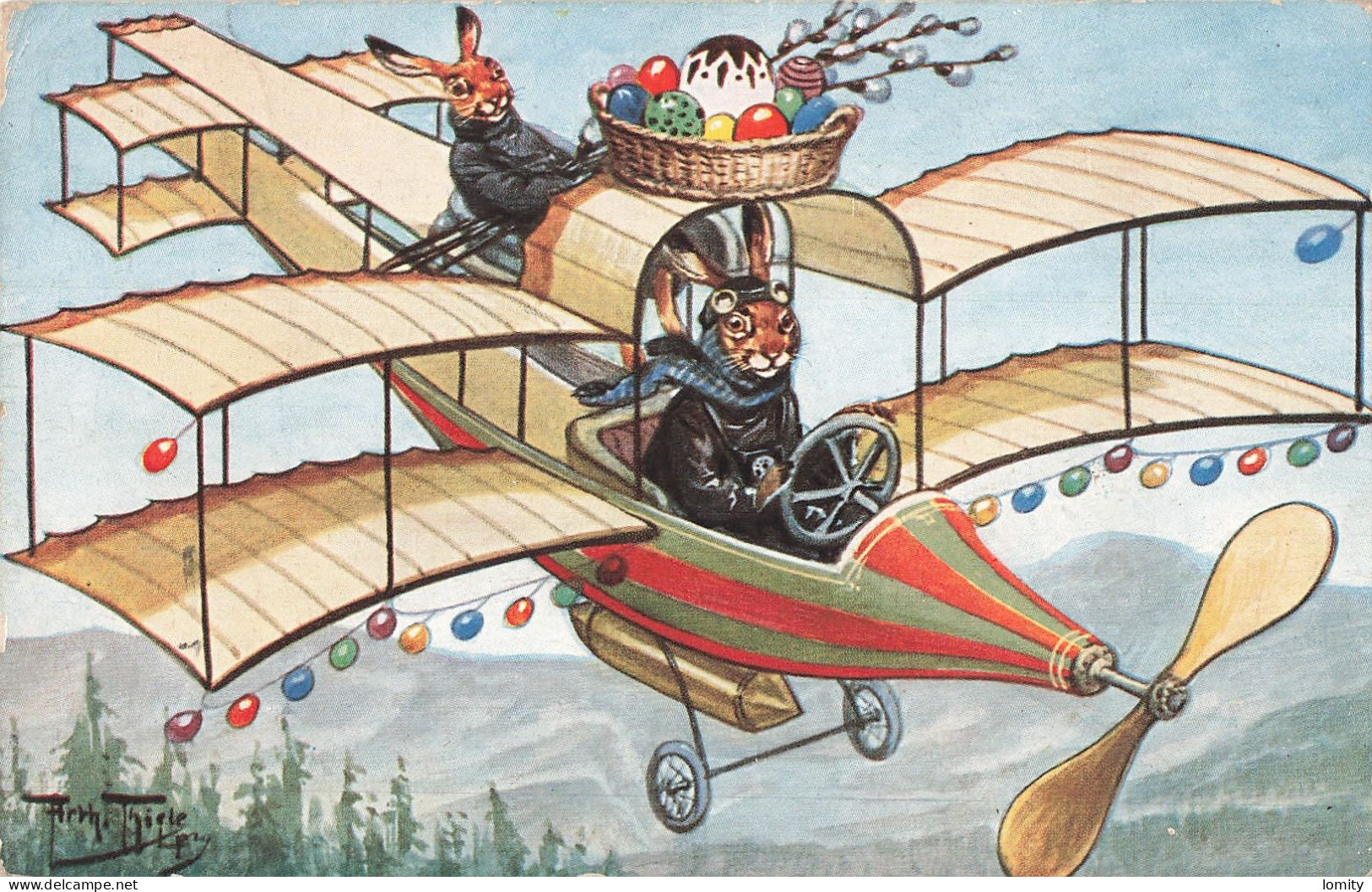 Illustration Illustrateur Arthur Thiele CPA Lapins Animaux Humanisés Lapin Pilote D' Avion Paques Oeufs - Thiele, Arthur