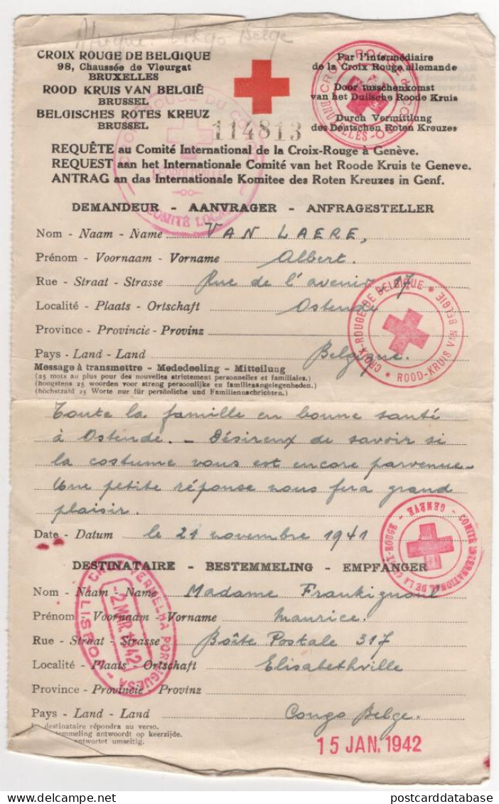 Croix Rouge De Belgique - Rood Kruis Van België - Request - Letter From Oostende To Elisabethville Congo Belge - 1942 - - Historical Documents