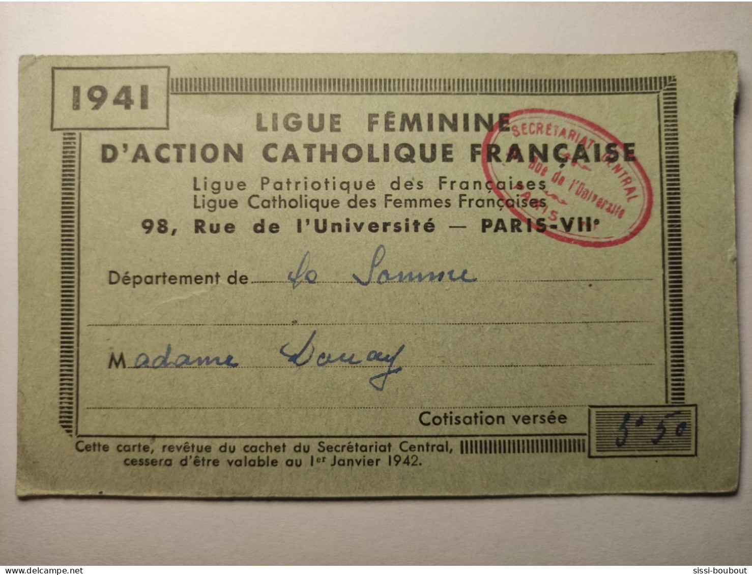 Carte De Menbre - 194 - Ligue Féminine D' Action Catholique Française - Cartes De Membre