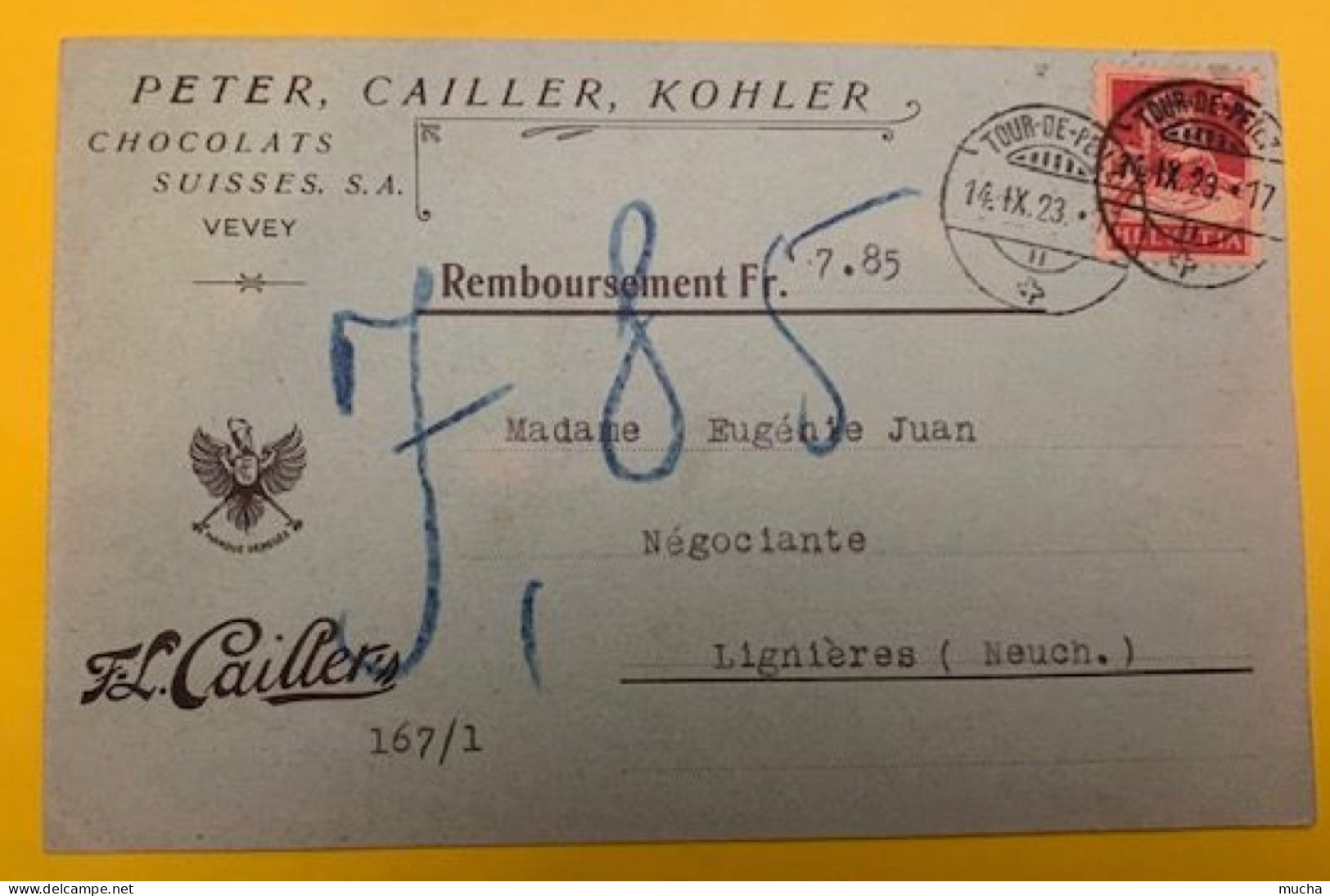 20404 - Carte Remboursement Chocolats Peter, Cailler, Kohler Vevey  La Tour De Peilz 14.09.1923 - Briefe U. Dokumente