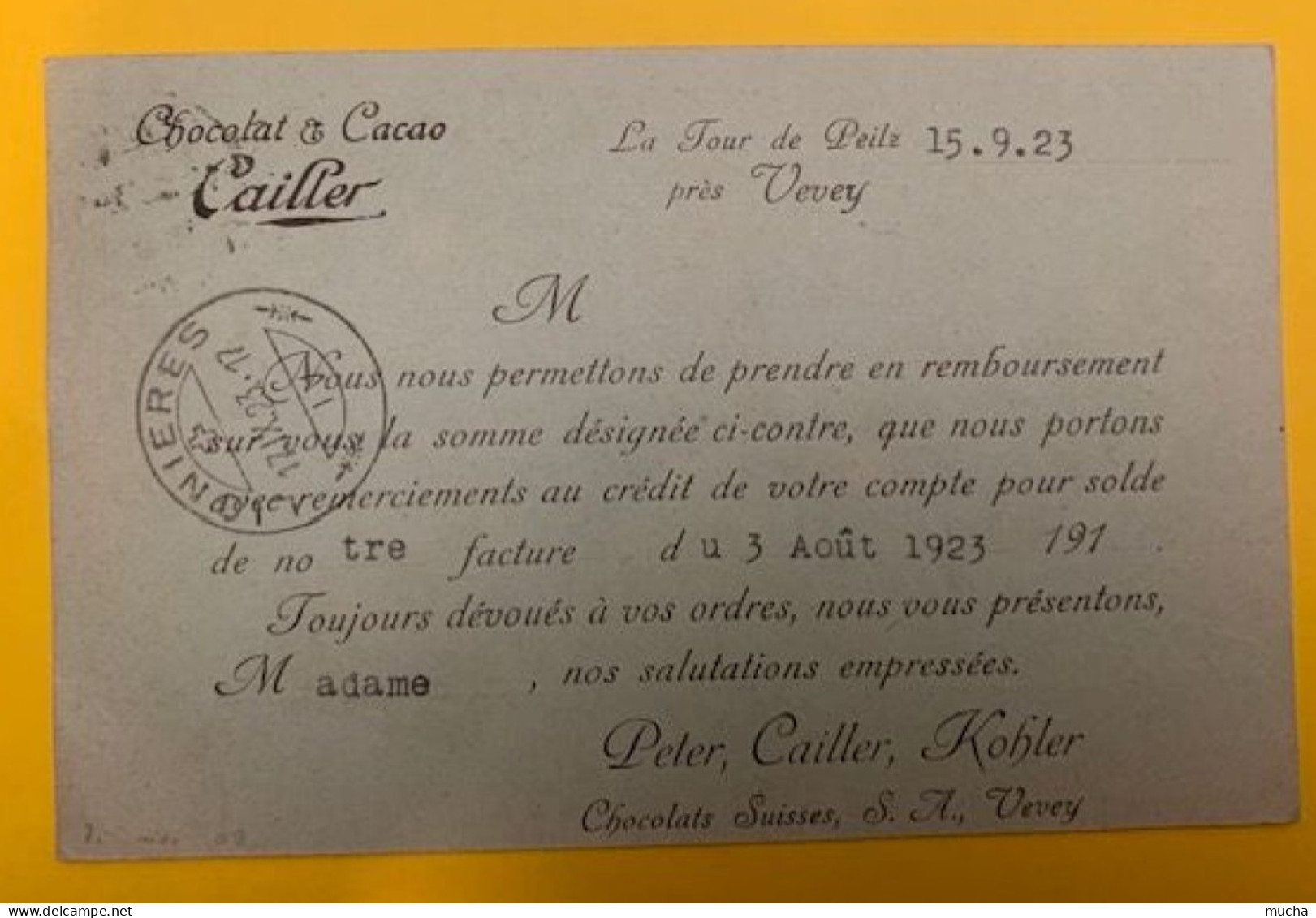 20404 - Carte Remboursement Chocolats Peter, Cailler, Kohler Vevey  La Tour De Peilz 14.09.1923 - Briefe U. Dokumente