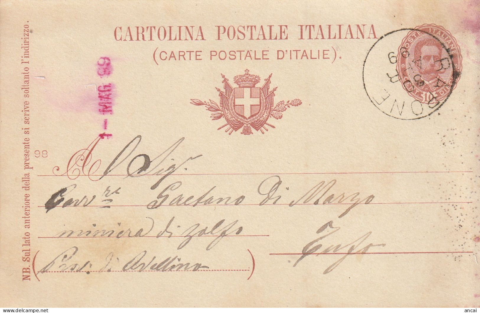 Italy. A215. Rapone. 1899. Annullo Grande Cerchio RAPONE, Su Cartolina Postale - Marcophilia