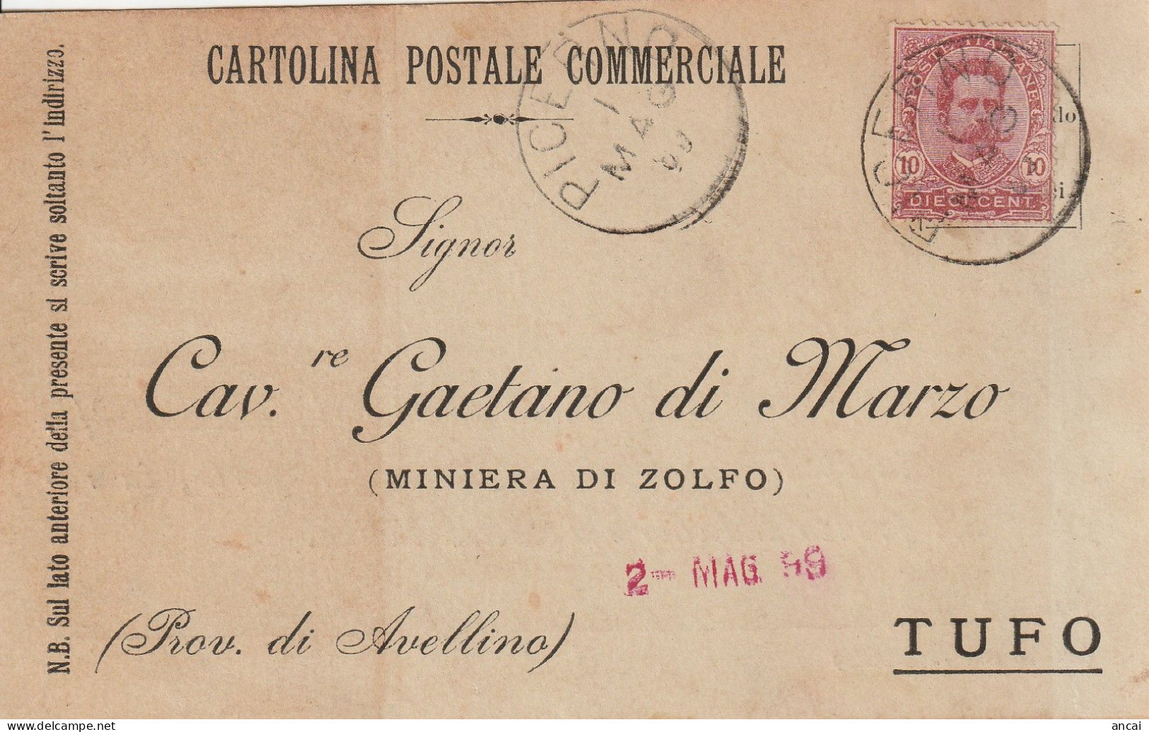 Italy. A215. Picerno. 1899. Annullo Grande Cerchio PICERNO, Su Cartolina Postale Commerciale - Marcophilie