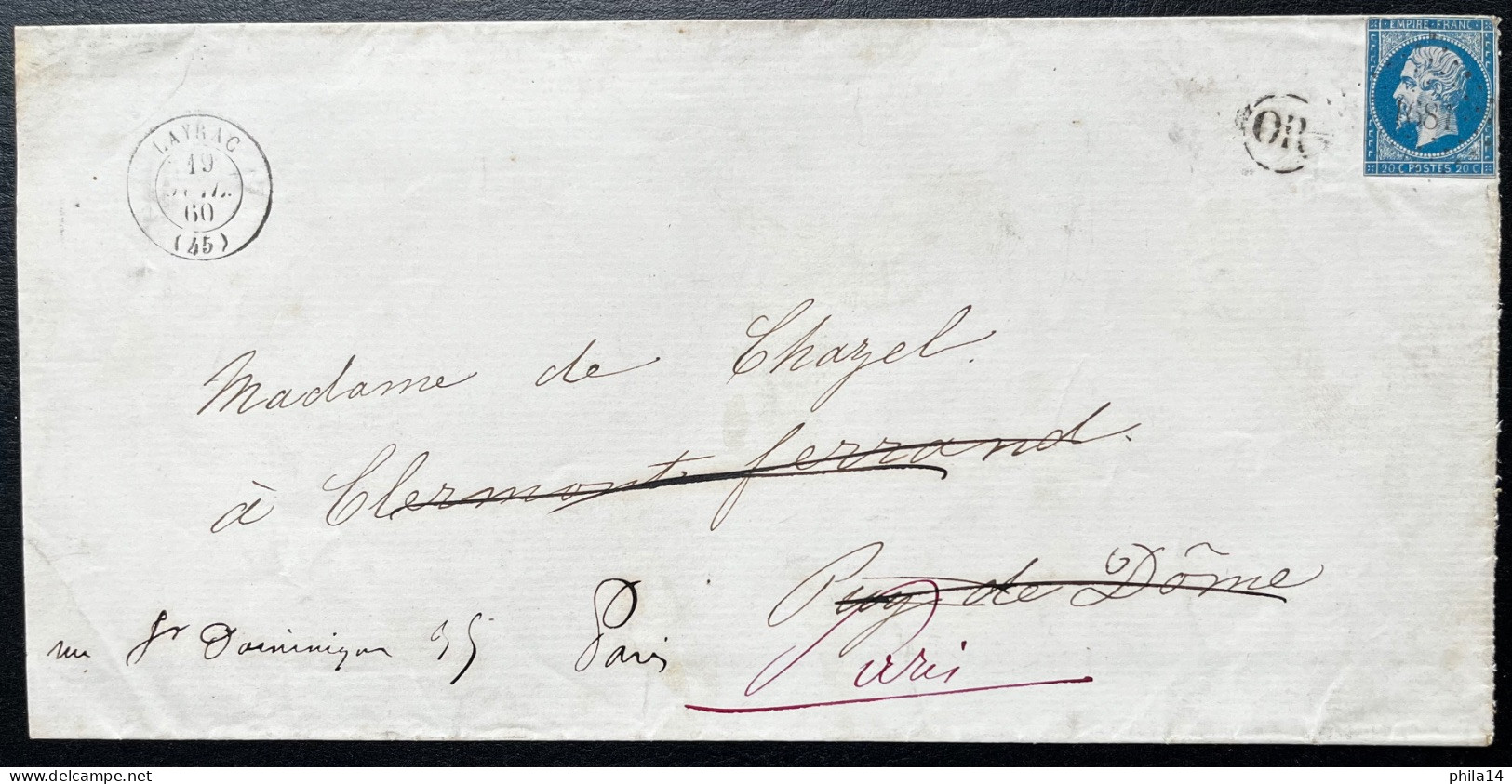 N°14 20c BLEU NAPOLEON / LAYRAC LOT ET GARONNE POUR PARIS / 19 AVRIL 1860 / LSC / ARCHIVE DE CHAZELLES - 1849-1876: Période Classique