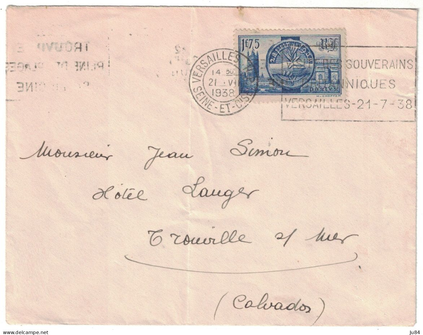 Seine Et Oise - Versailles - Lettre Pour Le Calvados - 1f75 28 Juin 1938 Seul Sur Lettre - 21 Juillet 1938 - Postal Rates