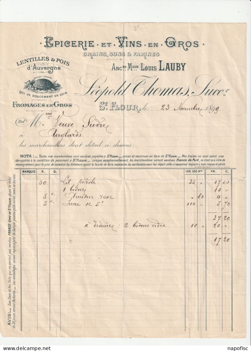 15-L.Thomas...Epicerie & Vins En Gros, Grains, Sons, & Farines...Saint-Flour.....(Cantal)...1899 - Andere & Zonder Classificatie