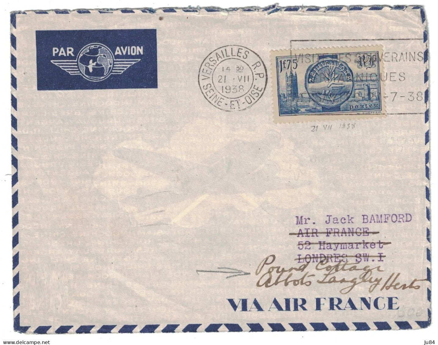 Seine Et Oise - Versailles - Lettre Avion Pour L'Angleterre - 1f75 28 Juin 1938 - 21 Juillet 1938 - Tarifs Postaux