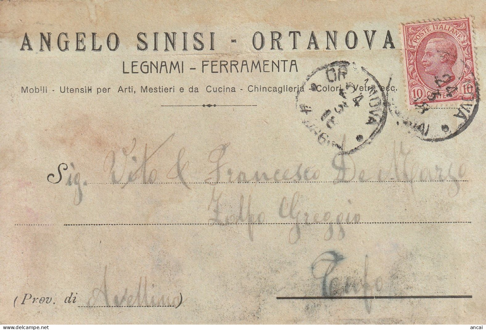Italy. A215. Ortanova. 1918. Cartolina Postale PUBBLICITARIA ... Legnami - Ferramenta .... - Marcophilia