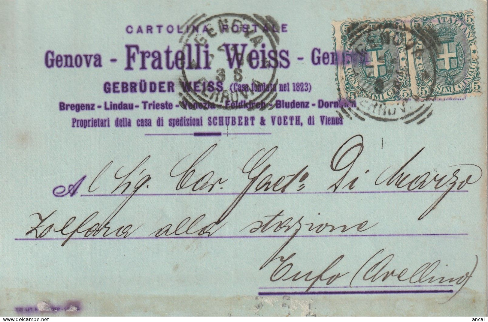 Italy. A215. Genova. 1899. Cartolina Postale PUBBLICITARIA ... FRATELLI WEISS ...., Per Tufo - Marcophilie