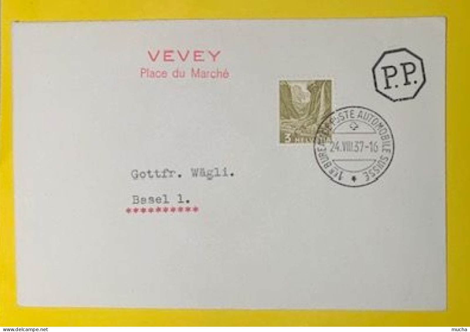 20407 - 1er Bureau De Poste Automobile 24.08.1937 Cachet Rouge Vevey Place Du Marché - Cartas & Documentos