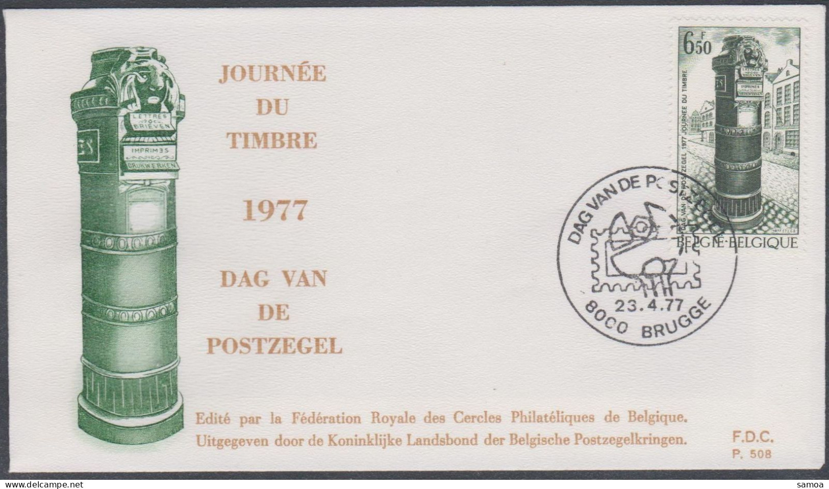 Belgique FDC 1977 1852 Journée Du Timbre Borne Postale Brugge  - 1971-1980