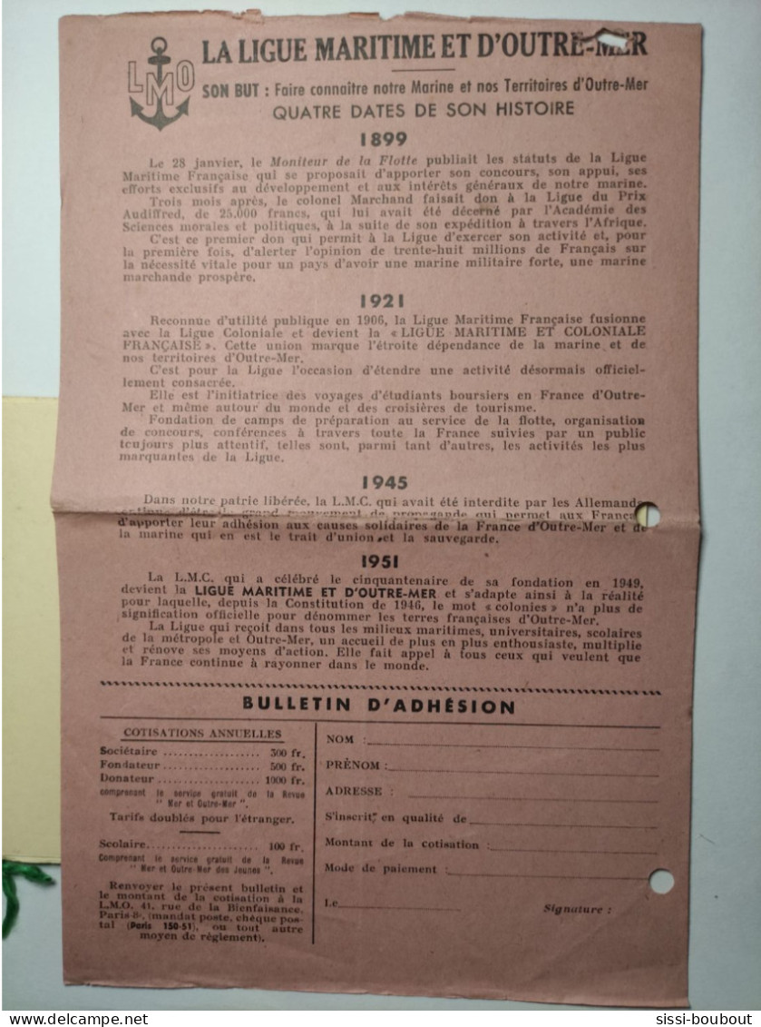 Bulletin D'Adhésion Pour "La Ligue Maritime Et D'Outre-Mer" Accompagné D'une Carte “Les Forces Maritimes Du Rhin” 1952 - Membership Cards