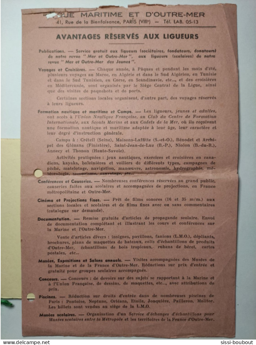 Bulletin D'Adhésion Pour "La Ligue Maritime Et D'Outre-Mer" Accompagné D'une Carte “Les Forces Maritimes Du Rhin” 1952 - Mitgliedskarten