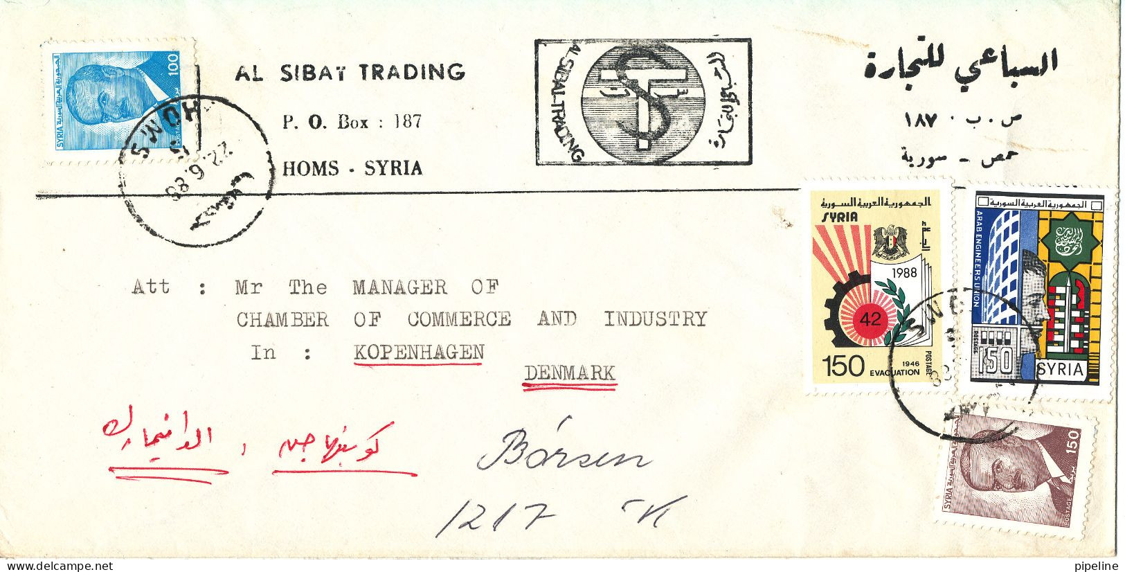 Syria Air Mail Cover Sent To Denmark 22-6-1988 Topic Stamps - Syrie