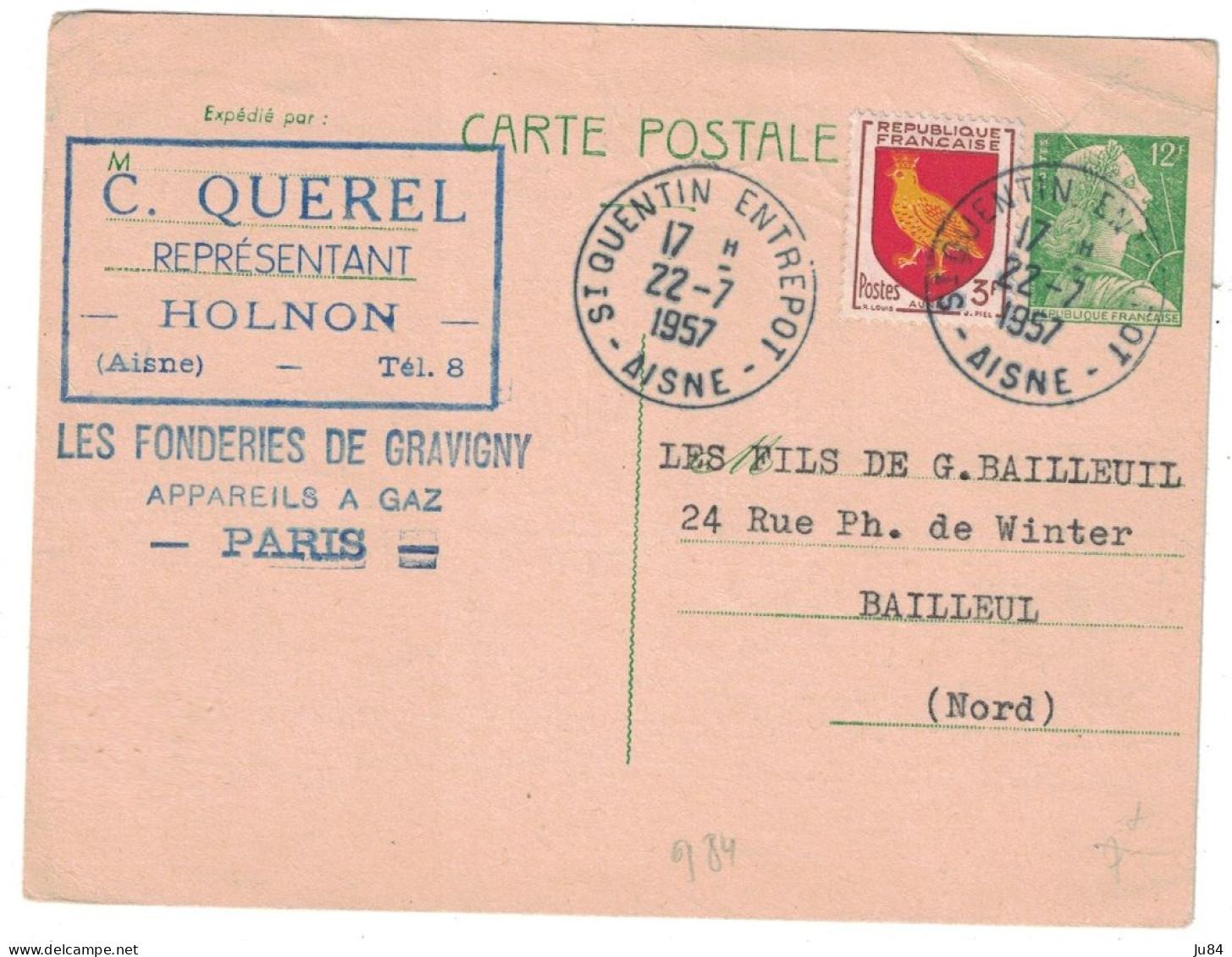 Aisne - St Quentin Cachet - St Quentin Entrepôt - Entier Postal - Carte Pour Bailleul (nord) - 22 Juillet 1957 - Altri & Non Classificati