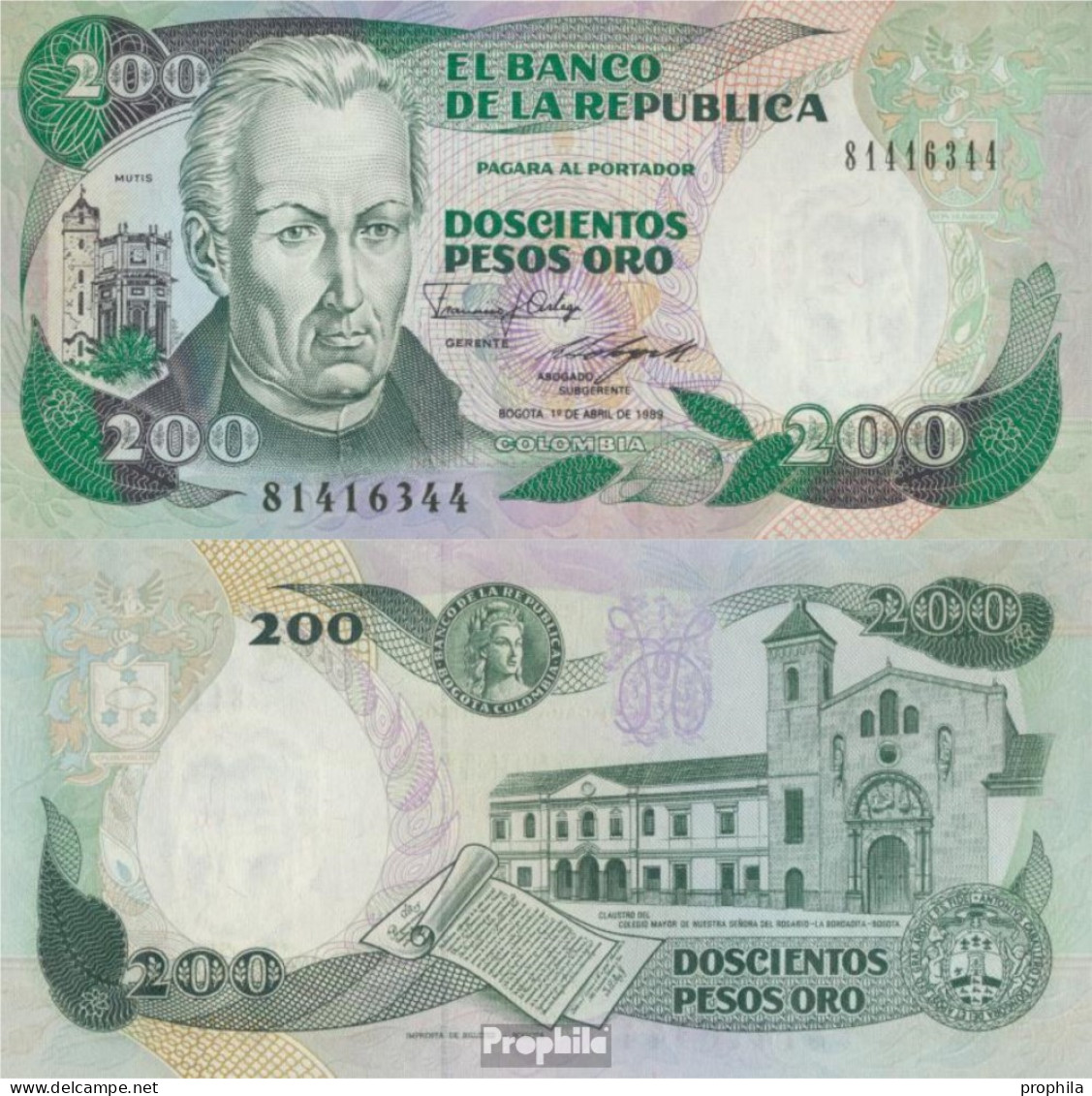 Kolumbien Pick-Nr: 429d (1. April 1989) Bankfrisch 1989 200 Pesos - Colombia