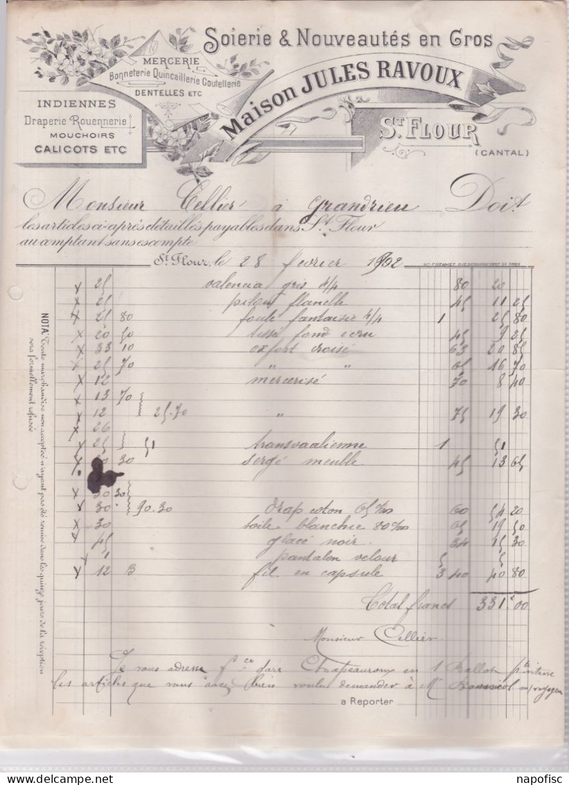 15-J.Ravoux..... Soieries & Nouveautés En Gros, Mercerie, Indiennes...Saint-Flour.....(Cantal)...1902 - Textile & Vestimentaire