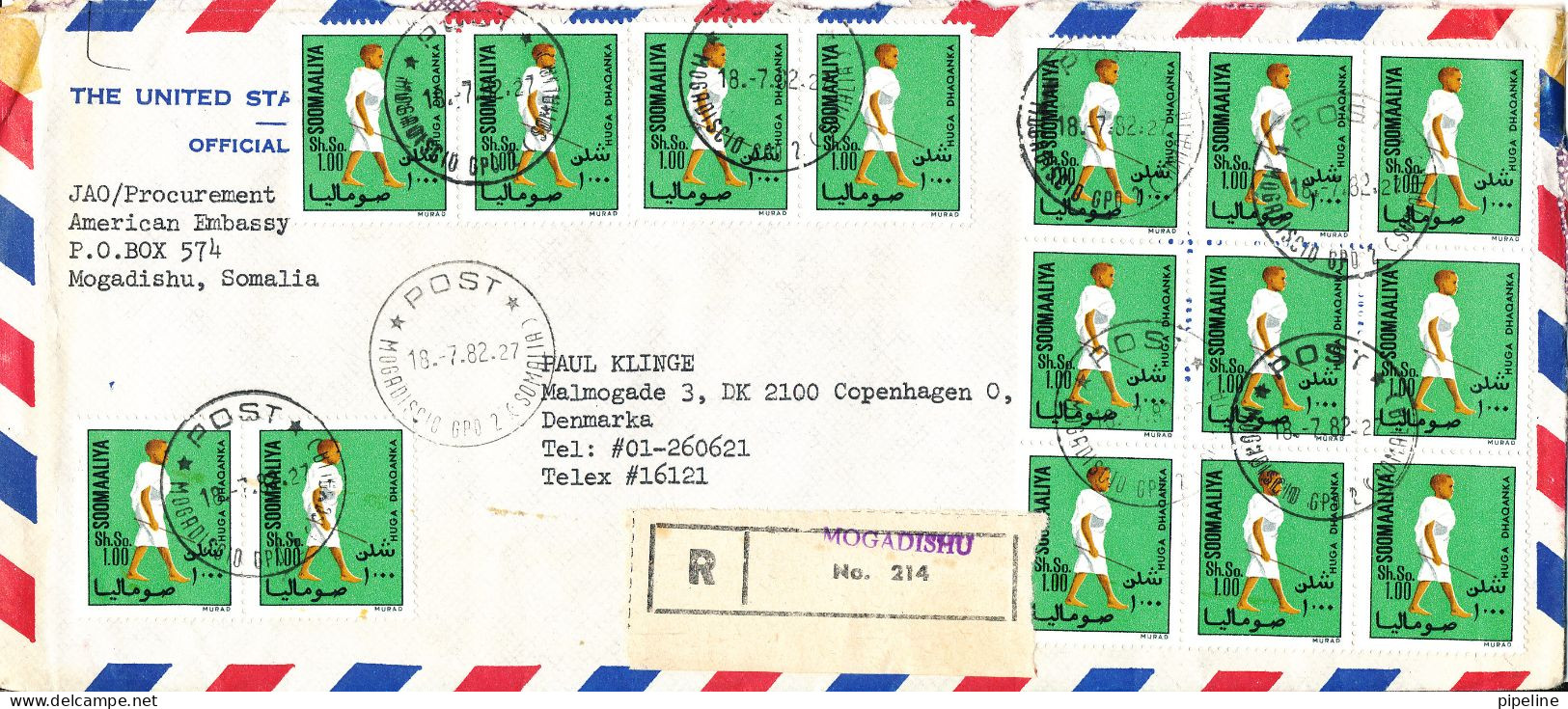 Somalia Registered Air Mail Cover Sent To Denmark Mogadishu 18-7-1982 With 15 Of The Same Stamp - Somalië (1960-...)