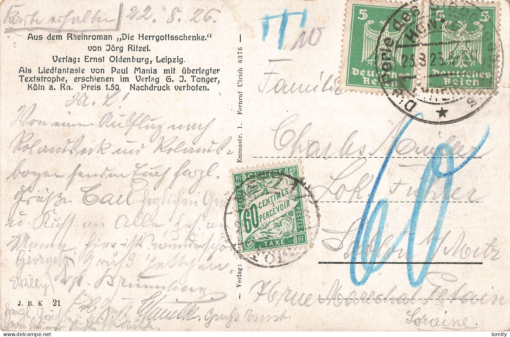 France Timbre Taxe N°38 60 Centimes Sur Carte Postale Avec Timbres Deutsches Reich Cachet 1926 Im Rolandsbogen Allemagne - 1859-1959 Briefe & Dokumente