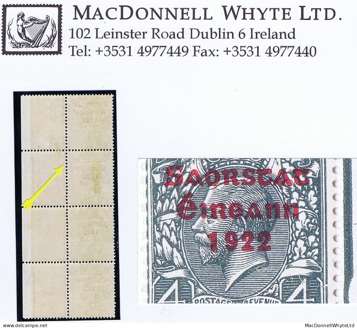 Ireland 1922-23 Thom Saorstat 3-line Ovpt On 4d, Var "Accent Missing" And "Frame Break At Right" In Strip Of 4 - Unused Stamps
