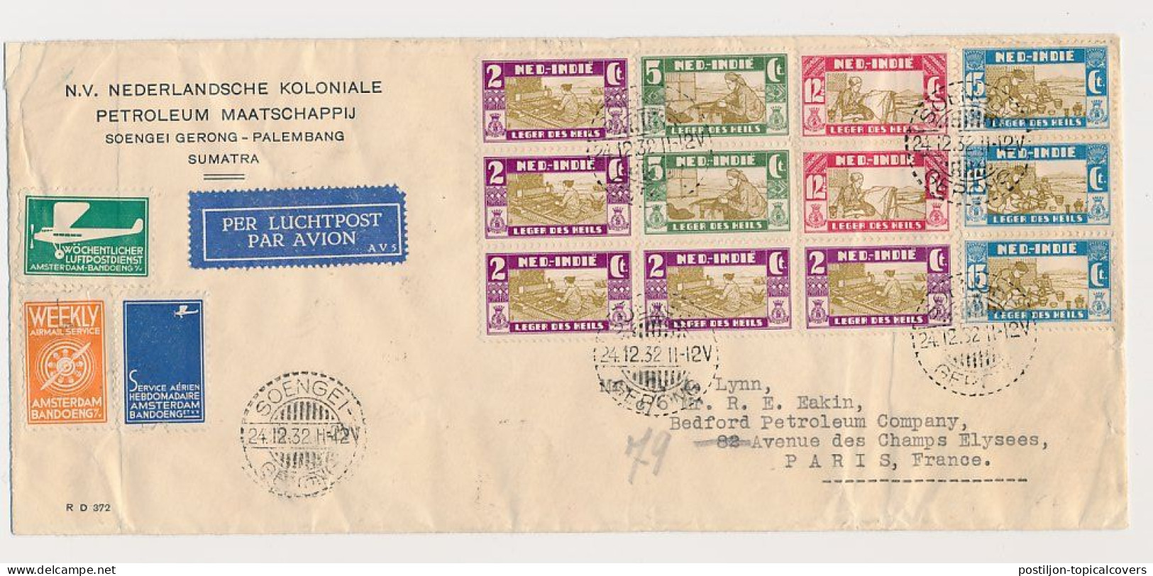 Soengei Gerong Nederlands Indie - Frankrijk 1932 - Leger Des Heils / Salvation Army - KLM Airmail - Indes Néerlandaises