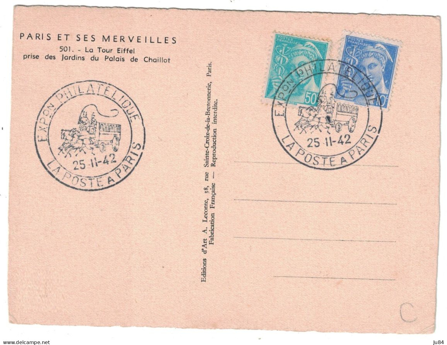Paris - Cachet Commémoratif - Exposition Philatélique La Poste à Paris - Tour Eiffel - 25 Novembre 1942 - Cachets Commémoratifs