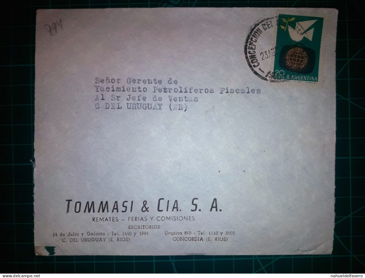 ARGENTINE, Enveloppe Appartenant à "TOMMASI & Cia S.A." Diffusé Avec Timbre-poste (Année Internationale Du Tourisme). An - Usati