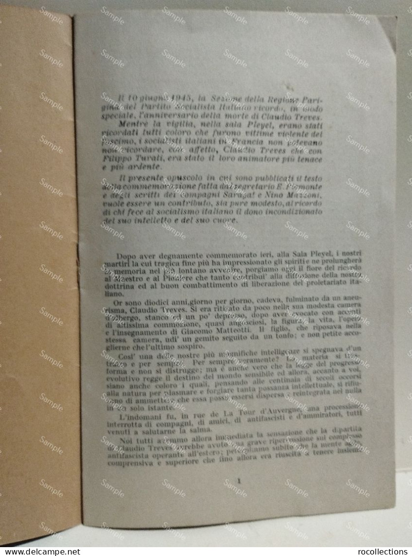 Italy Book CLAUDIO TREVES Partito Socialista Italiano Federazione Di Francia PARIS 1945. - Other & Unclassified