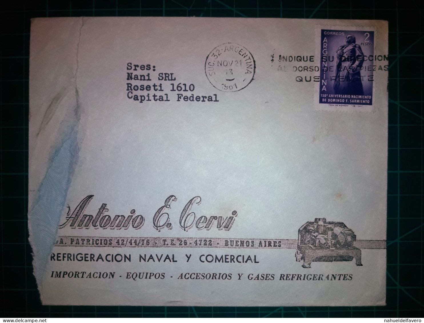 ARGENTINE, Enveloppe Appartenant à "Antonia E. Cervi, Refigeracion Naval" Distribuée Avec Timbre Postal (150e Anniversai - Usati