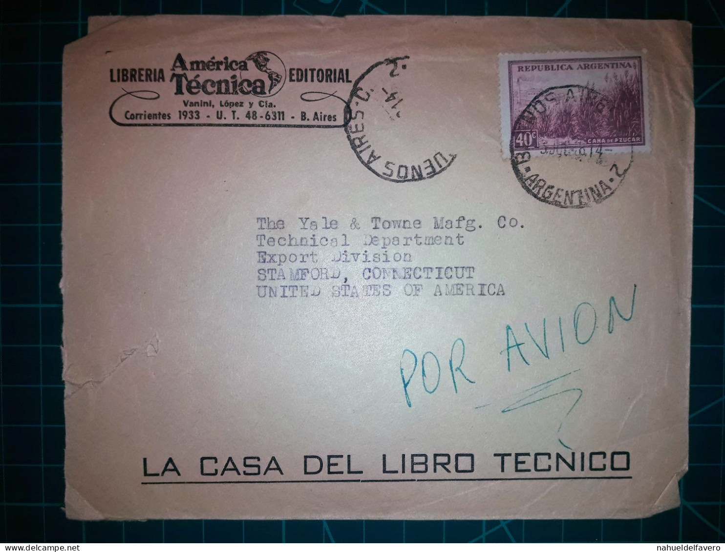 ARGENTINE, Enveloppe Appartenant à "AMERICA TECNICA, La Maison Du Livre Technique" Circulée Avec Timbre-postal (Canne à - Oblitérés