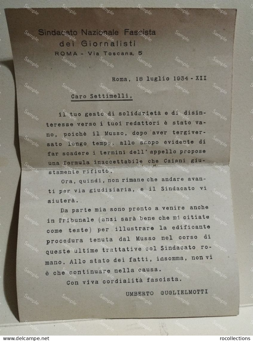 Italy Letter Italia Lettera Sindacato Fascista Giornalisti. Umberto Guglielmotti A Emilio Settimelli (futurista) 1934 - Unclassified