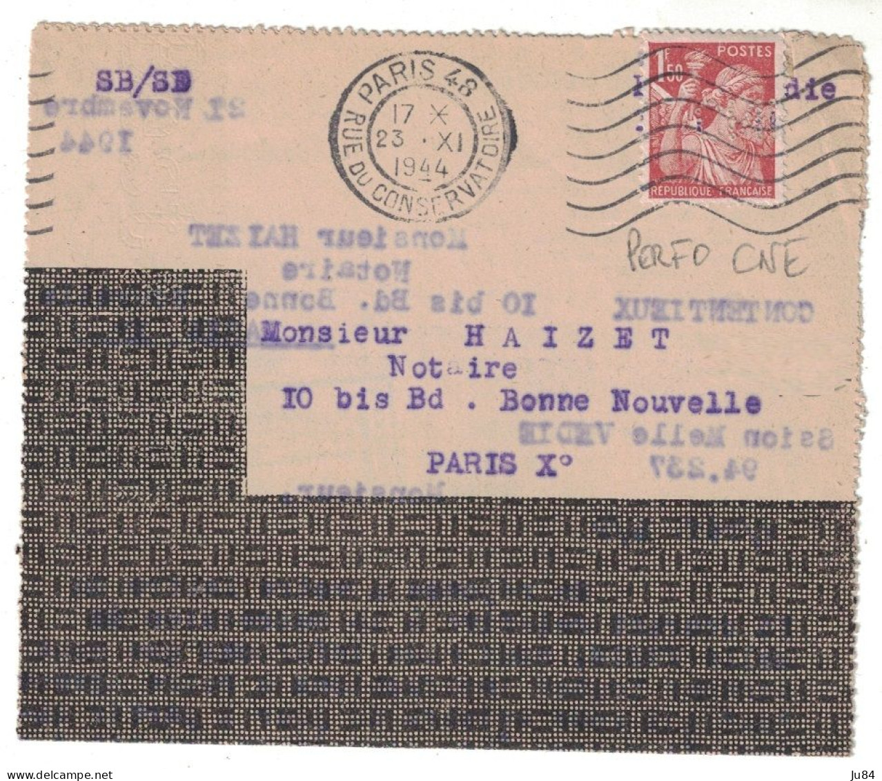 Paris - Paris 48 - Rue Du Conservatoire - Comptoir National D'Escompte De Paris - Perforé CNE - Lettre Pour Paris - 1944 - Covers & Documents