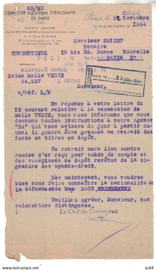 Paris - Paris 48 - Rue Du Conservatoire - Comptoir National D'Escompte De Paris - Perforé CNE - Lettre Pour Paris - 1944 - Covers & Documents