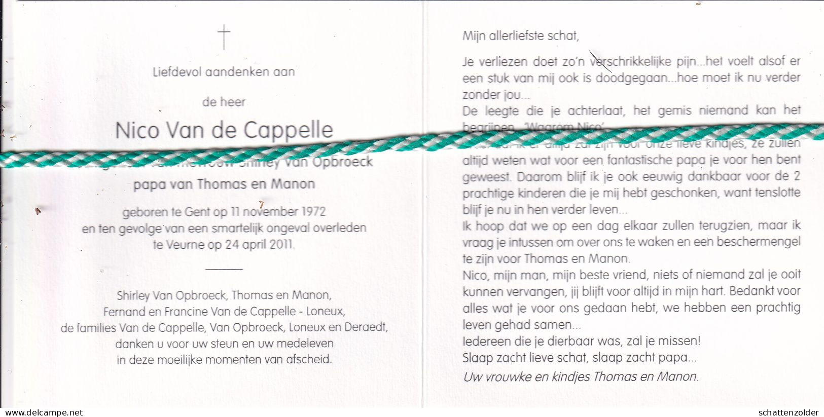 Nico Van De Capelle-Van Opbroeck, Gent 1972, Veurne 2011. Ongeval Autocros, Foto - Todesanzeige
