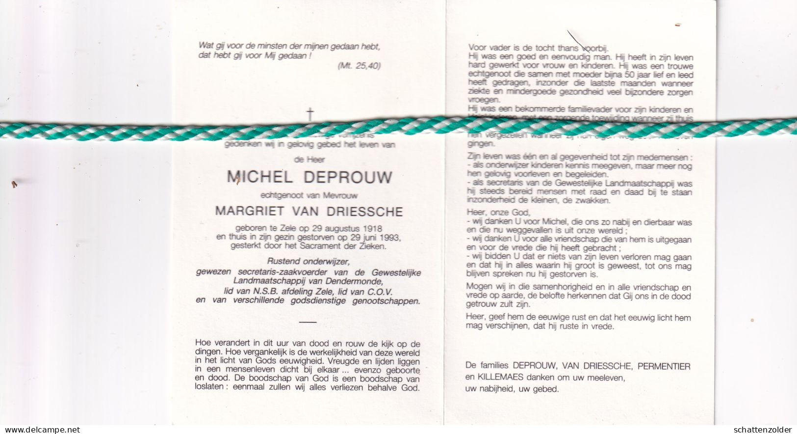 Michel Deprouw-Van Driessche, Zele 1918, 1993. Onderwijzer O.r. Foto - Obituary Notices