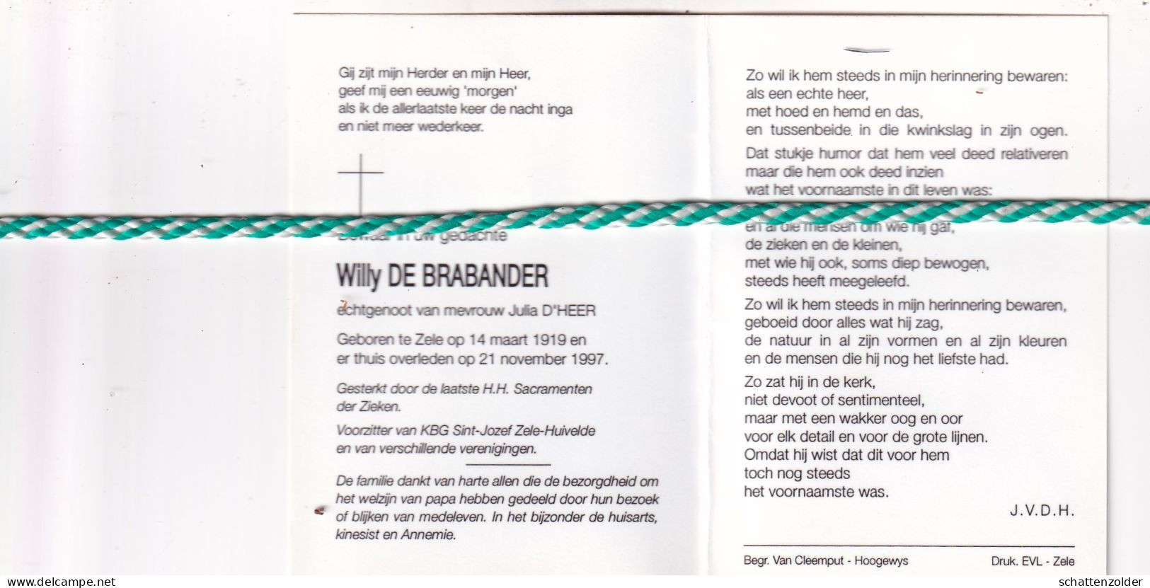 Willy De Brabander-D'Heer, Zele 1919, 1997. Foto - Décès