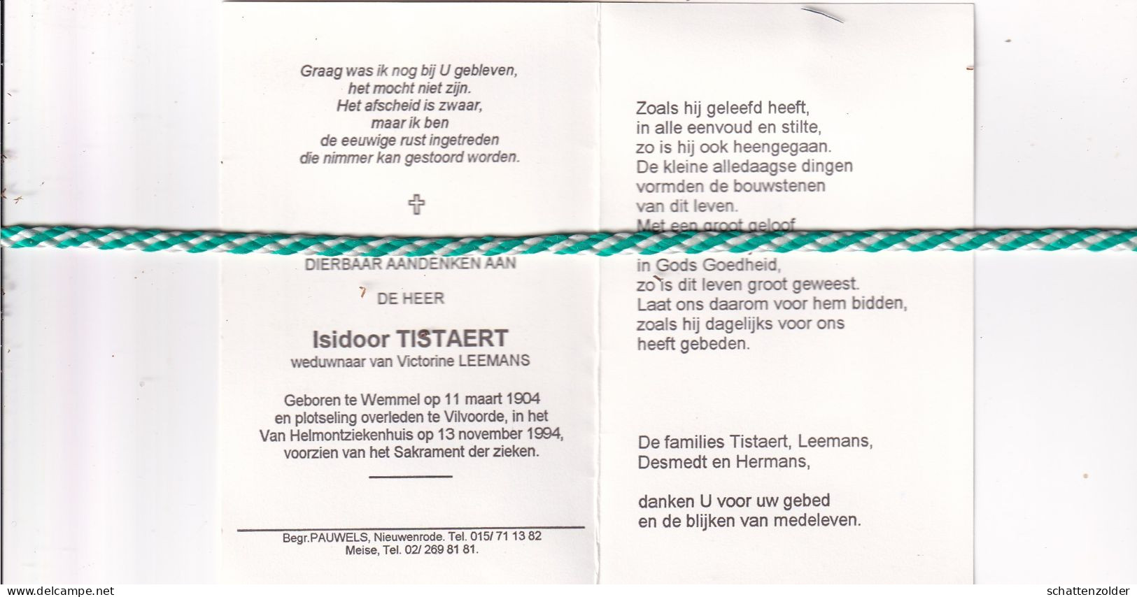 Isidoor Tistaert-Leemans, Wemmel 1904, Vilvoorde 1994 - Todesanzeige