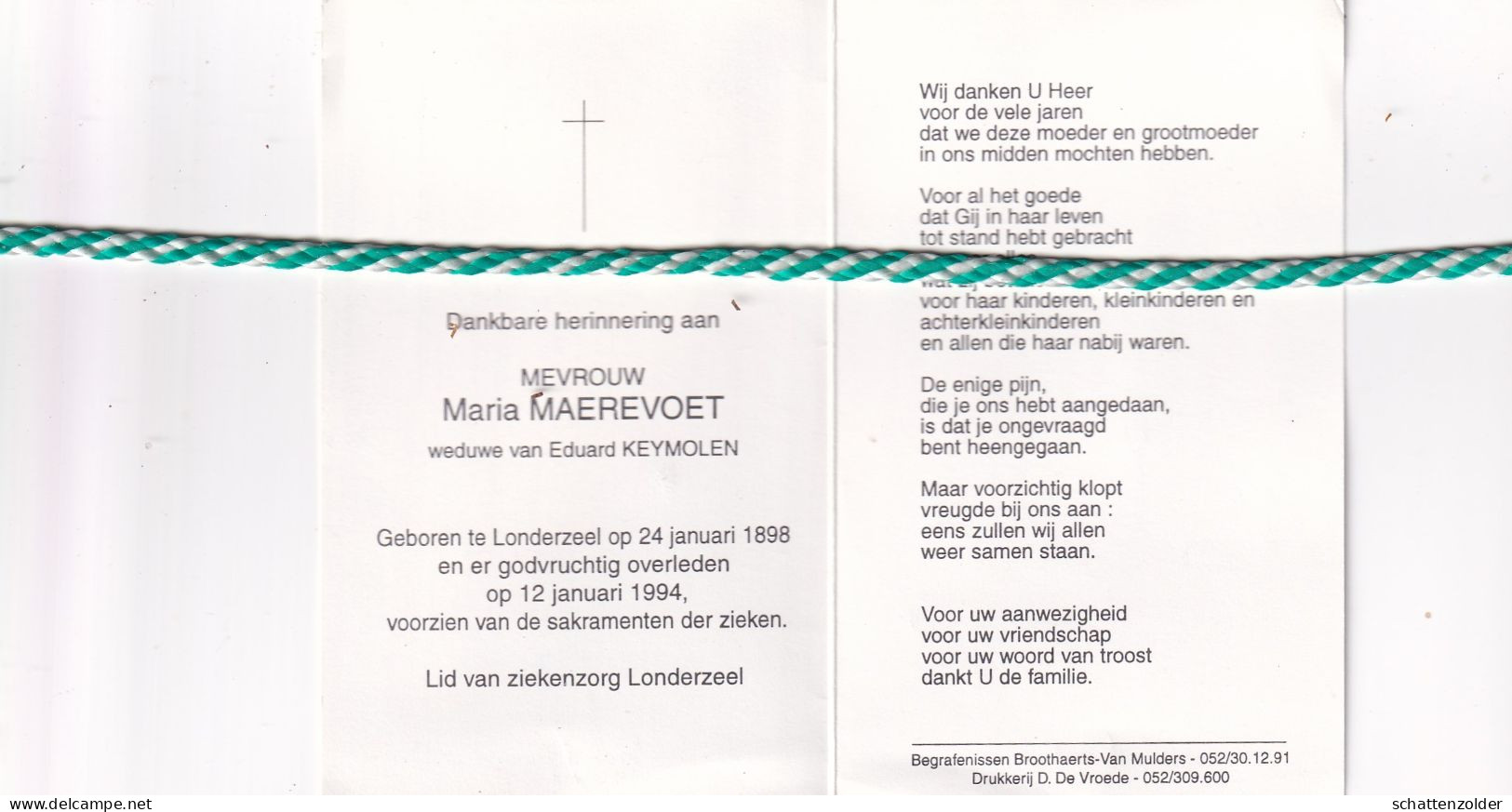 Maria Maerevoet-Keymolen, Londerzeel 1898, 1994 - Obituary Notices