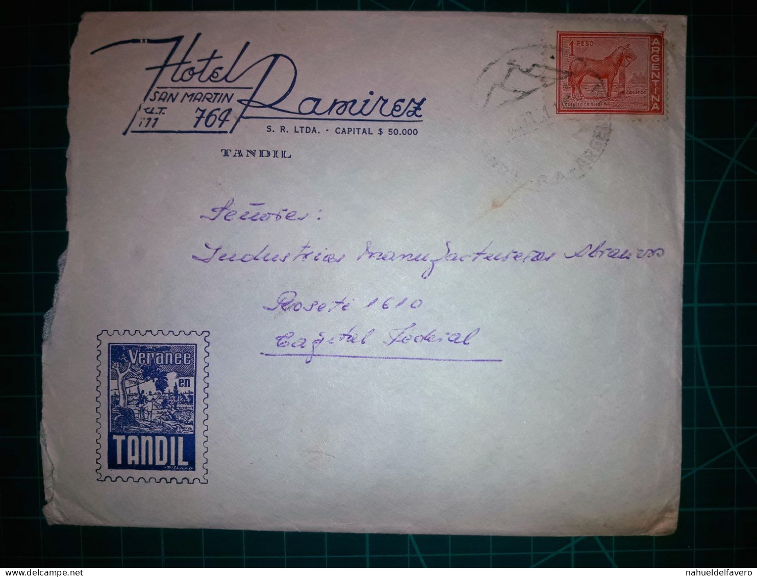 ARGENTINE, Enveloppe Appartenant à "HOTEL RAMIREZ" Circulée Avec Timbre Postal (Caballito Criollo). Années 1960. - Oblitérés