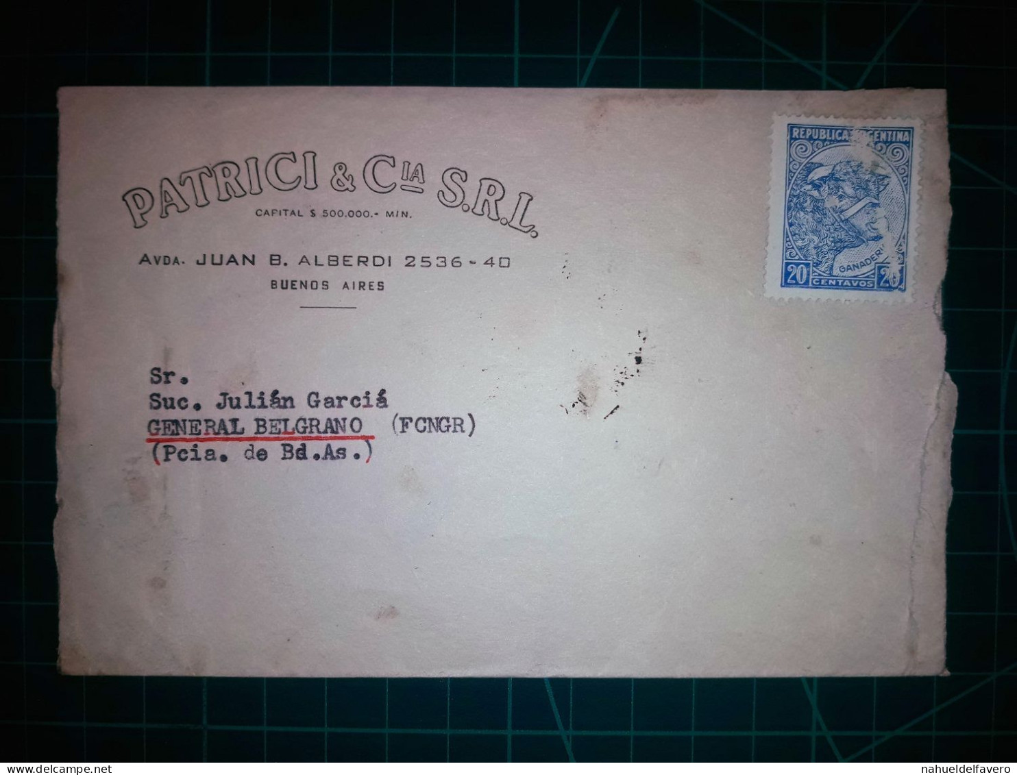 ARGENTINE, Enveloppe Appartenant à "PATRICI & Cia S.R.L." Distribué Avec Timbre Postal (bétail). Années 1960. - Gebraucht