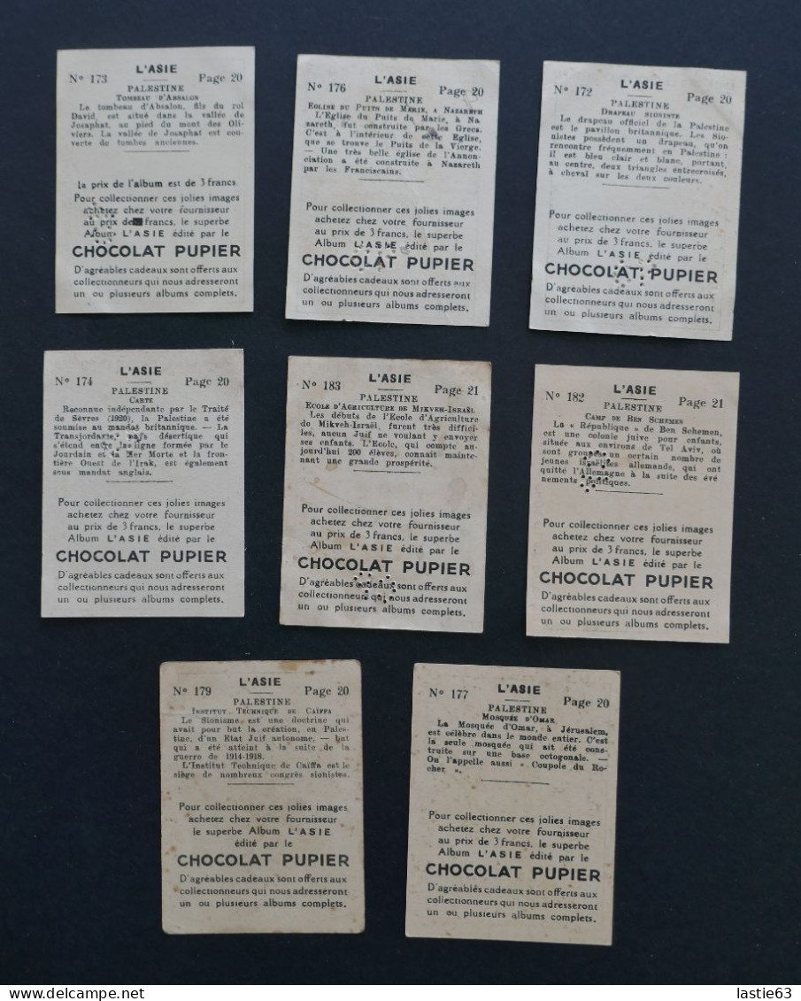 Lot De 8 Images  Chocolat Pupier. Album Asie 1938.  PALESTINE  Carte  Drapeau Sioniste   Camp Ben Schemen  Nazareth - Other & Unclassified