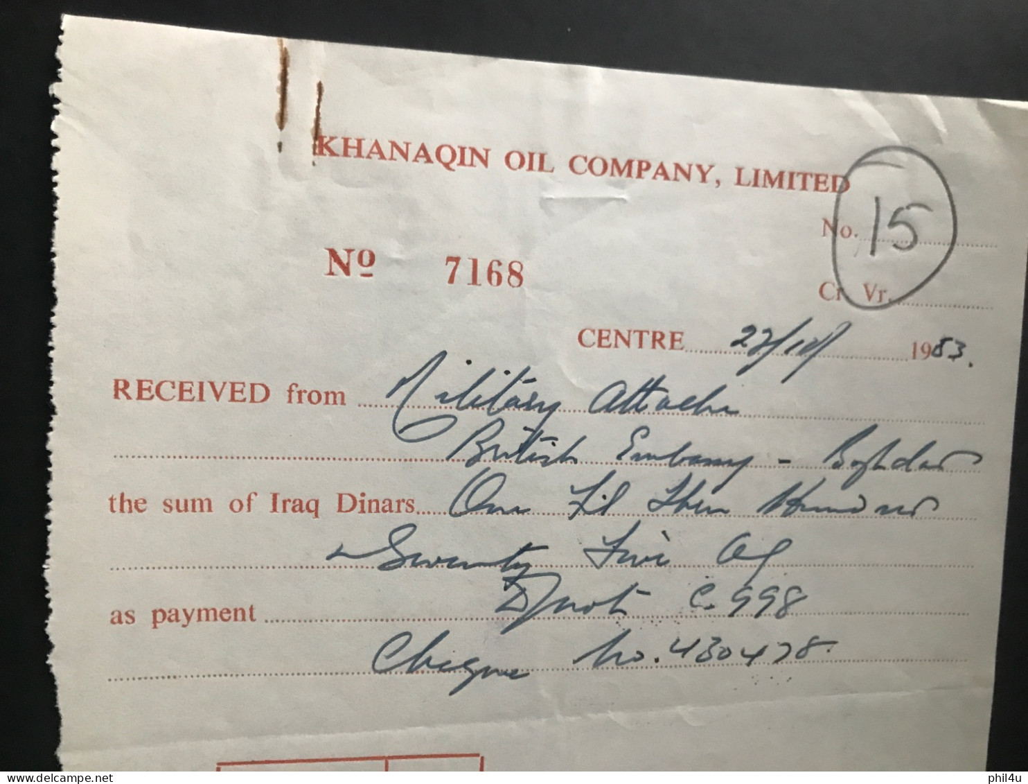 1953 Baghdad Iraq Received From Military Attach Khanaqin Oil Co. Iraq Revenue Stamp See Photos - Iraq