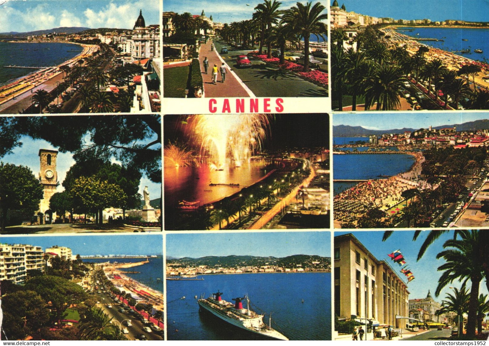 CANNES, ALPES MARITIMES, MULTIPLE VIEWS, BEACH, TOWER WITH CLOCK, CARS, SHIP, FLAGS, FIREWORKS, PARK, FRANCE, POSTCARD - Cannes