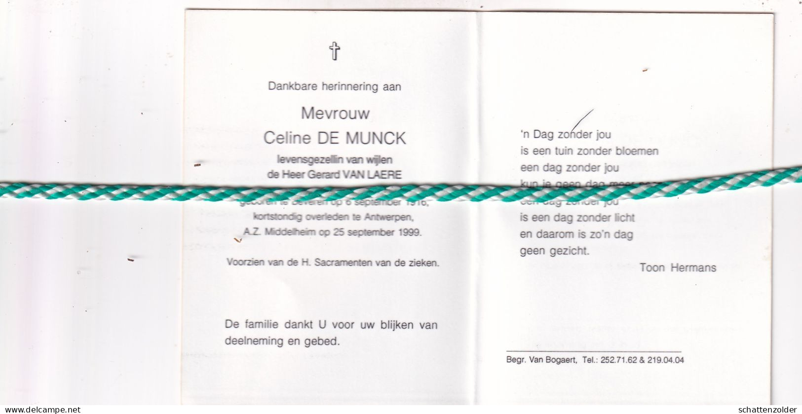 Celine De Munck-Van Laere, Beveren 1916, Antwerpen 1999. Foto - Obituary Notices