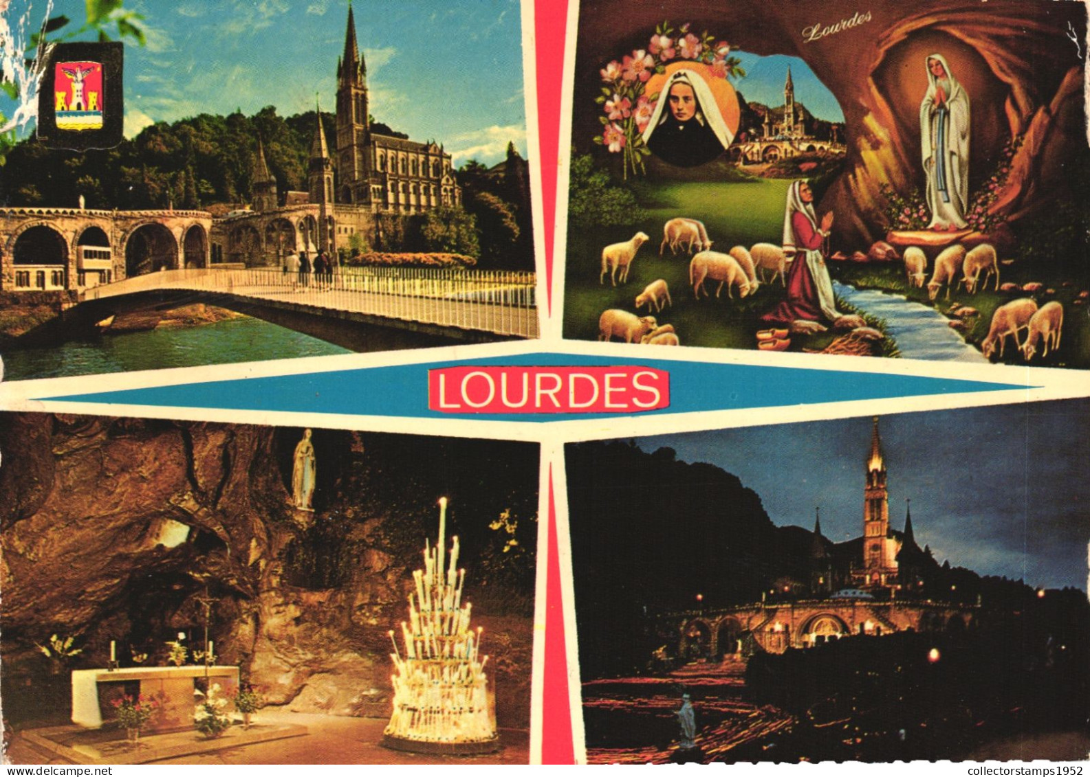 LOURDES, HAUTES PYRENEES, MULTIPLE VIEWS, ARCHITECTURE, BRIDGE, EMBLEM, PAINTING, FINE ARTS, SHEEP, FRANCE, POSTCARD - Lourdes