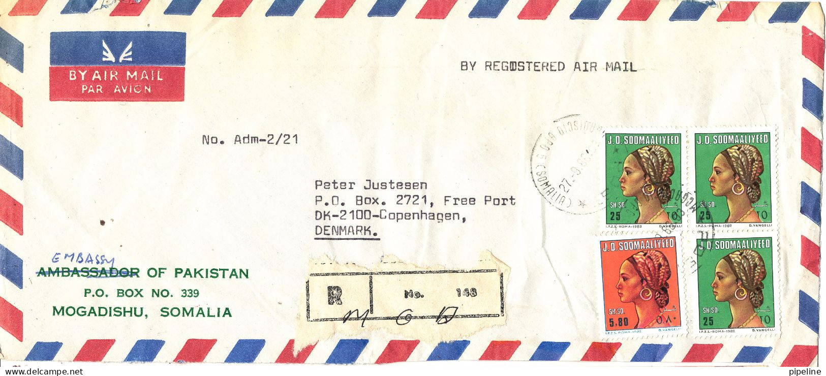 Somalia Air Mail Cover Sent To Denmark 28-5-1982 Topic Stamps (from The Embassy Of Pakistan Mogadishu) - Somalia (1960-...)